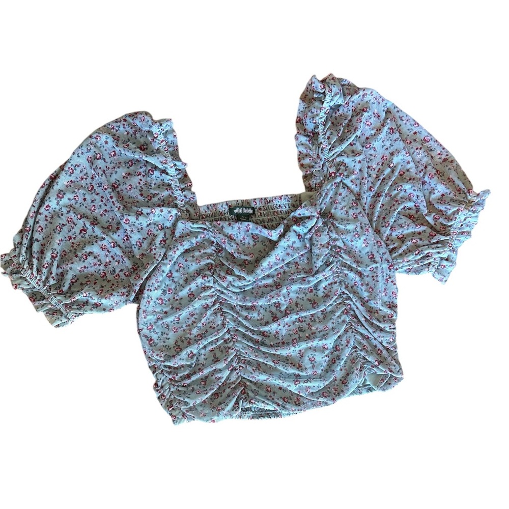 Blue Floral Ruffles and Rouching Peasant Cropped Top Size Large